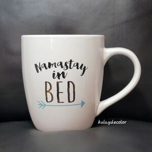 Namastay in Bed in Gold White Funny Coffee Mug Yoga Pun Ceramic Cup Clay Art